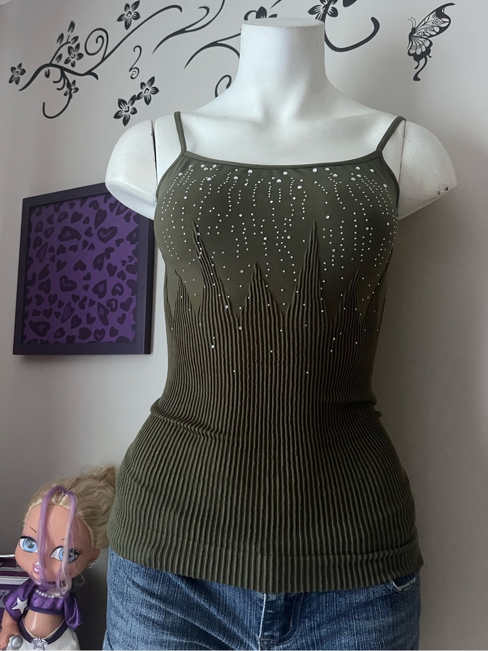 Olive Ribbed Spaghetti Strap Camisole with Rhinestone Spray